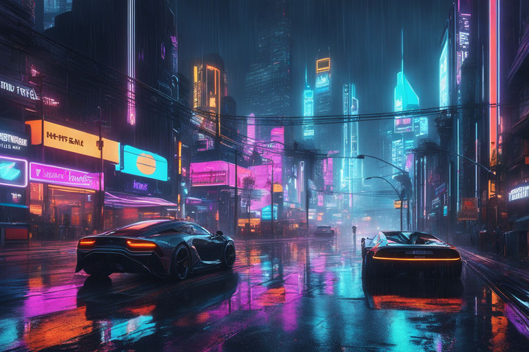 a cyberpunk street scene with neon lights, raining, 4k, Stable Diffusion