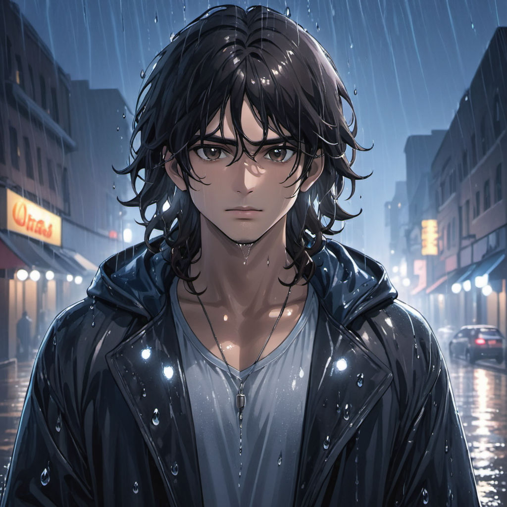 Anime boy character with black long fluffy wavy hair, wearing a blue hoodie  and glasses