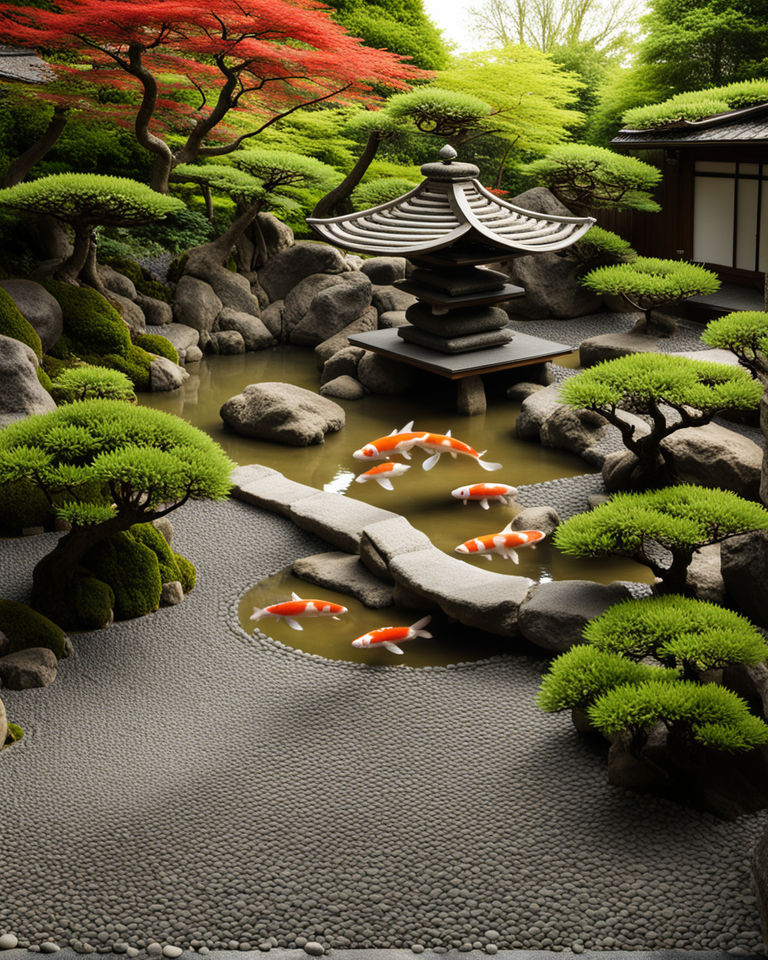 Bonsai tree in zen garden, nature photography, pond