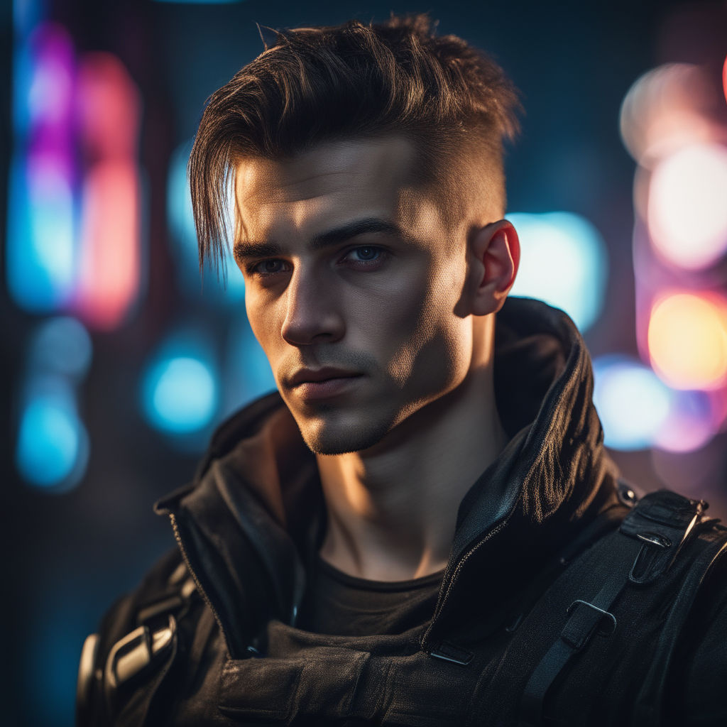 Man with dark medium hair cyberpunk mercenary streetwear muscular soldier  fighter