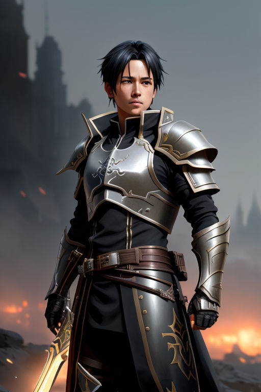 Lexica - Anime style boy black hair, deep focus, medieval knight cloths,  holding black sword with neon red dots, eary mood, scary, Chinese style  arch...