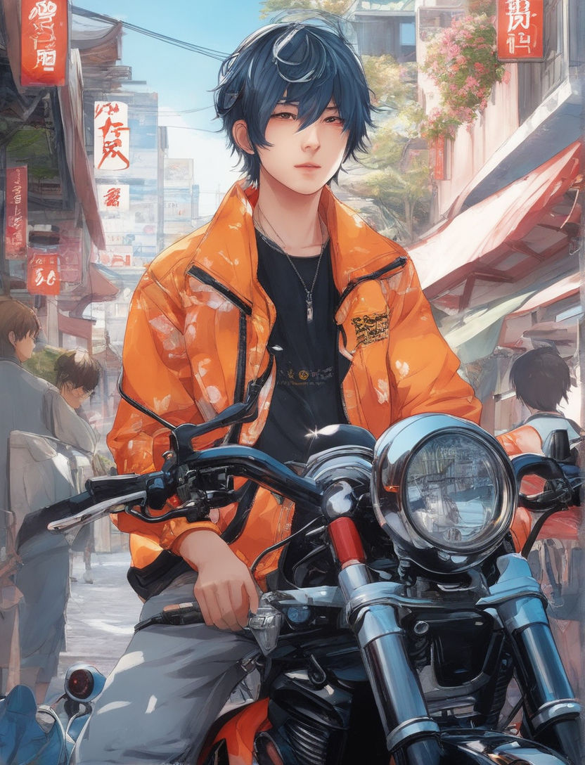 Dark blue hair anime boy skateboarding