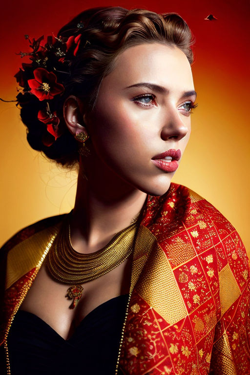 volumetric black long hair Scarlett Johansson wearing an Indian saree  dress - Playground