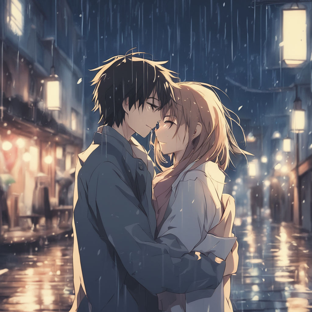 anime couple hugging in rain