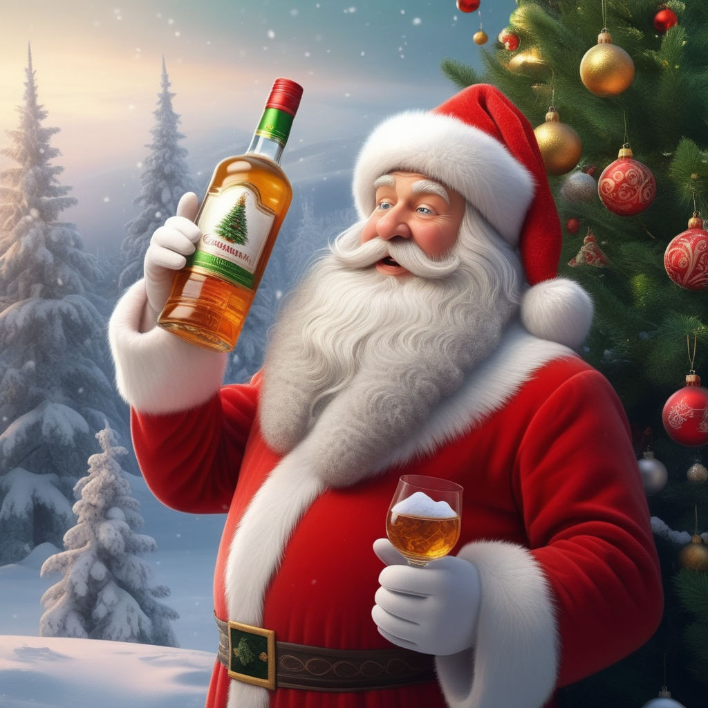 fat santa clause holds a big wineglas with both hands and in the