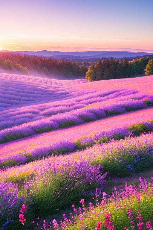 Lavender fields Wallpaper 4K, Purple, Foggy, Landscape, Tree