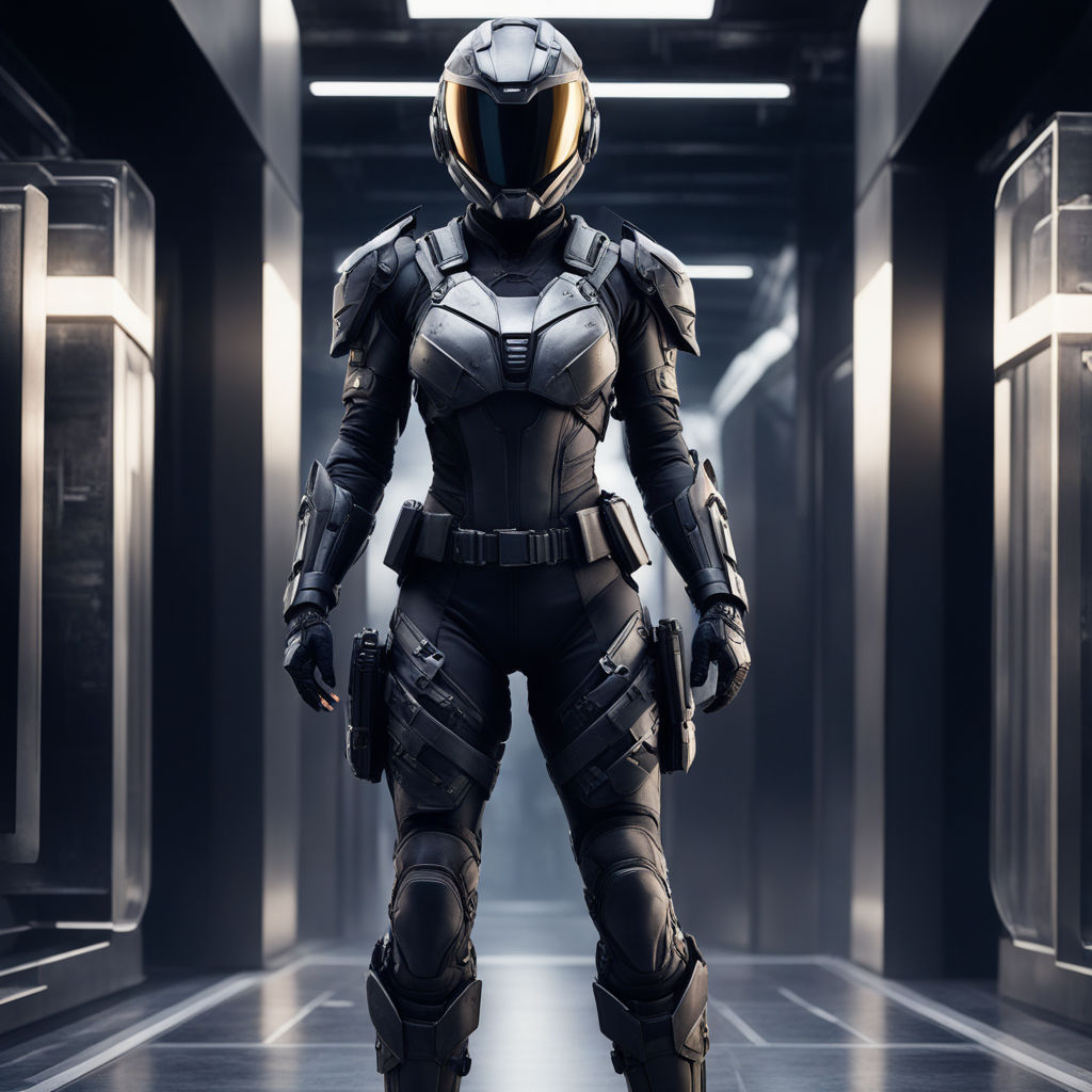 Create a character with a strong high-tech feel. She wears a sleek combat  suit adorned with various high-tech devices and weapons - Playground