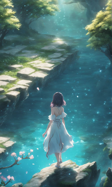 with a lavender and pink sky above. A gentle stream below reflects the  cat's silhouette. Render the scene in the detailed and emotive style of  anime artist Makoto Shinkai. - Playground