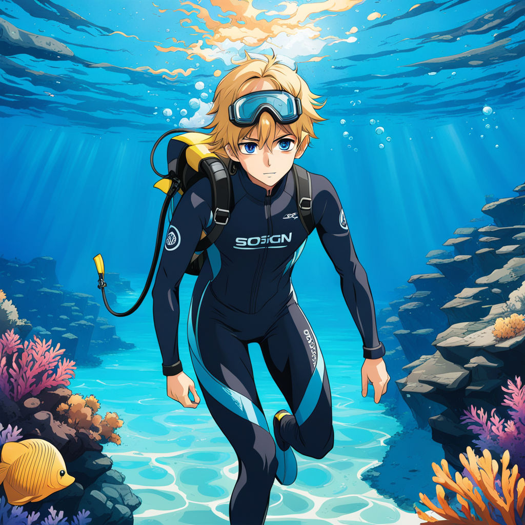 beautiful female diver anime cartoon, tight diving s...