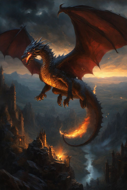 black dragon flying and breathing fire