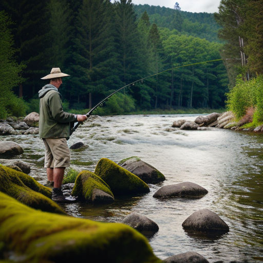 A DSLR photo of a woman fly fishing in a serene mountain stream