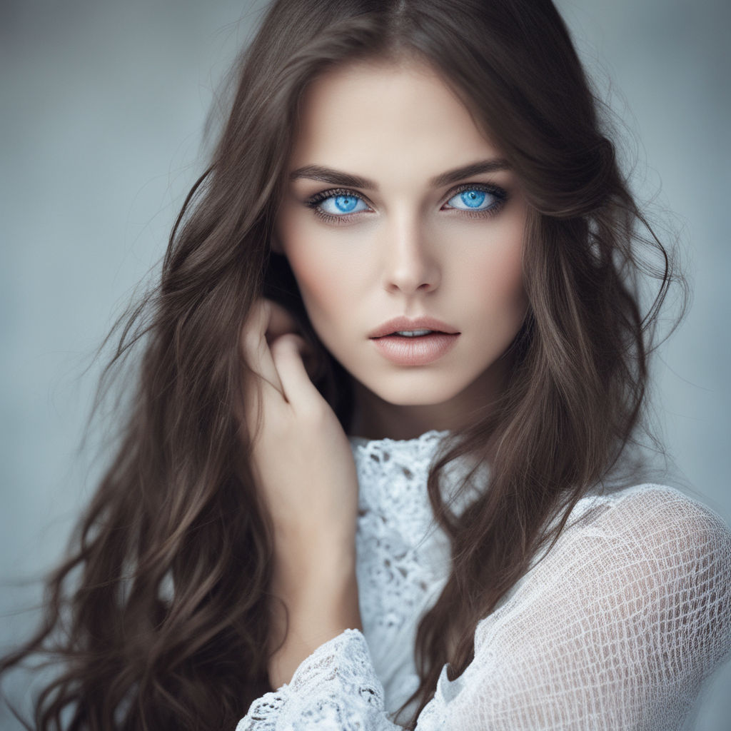 beautiful girl, long brown hair, blue eyes, above average breast