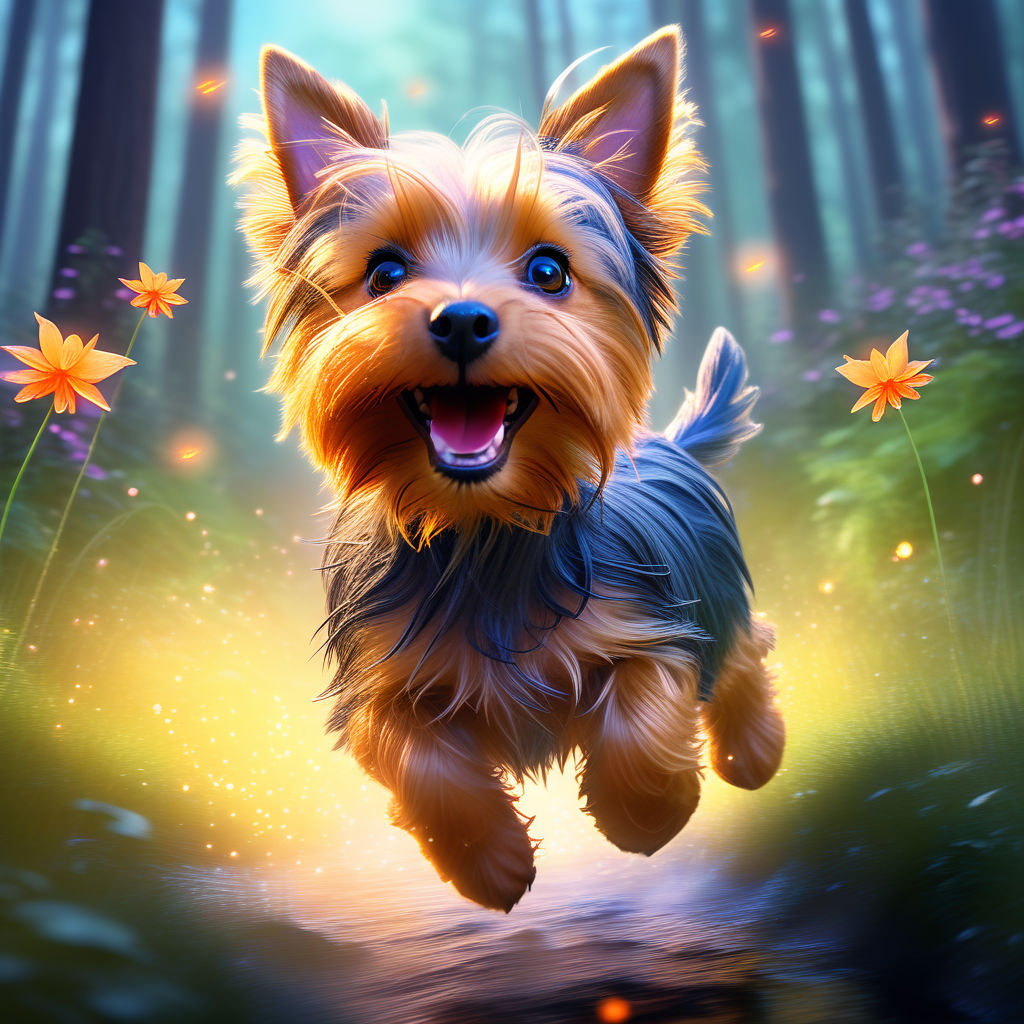 Prompt: Cute Yorkshire Terrier happy running through a magical forest having fun trying to catch a glowing flying firefly, sf, intricate artwork masterpiece, ominous, matte painting movie poster, golden ratio, trending on cgsociety, intricate, epic, trending on artstation, by artgerm, h. r. giger and beksinski, highly detailed, vibrant, production cinematic character render, ultra high quality model