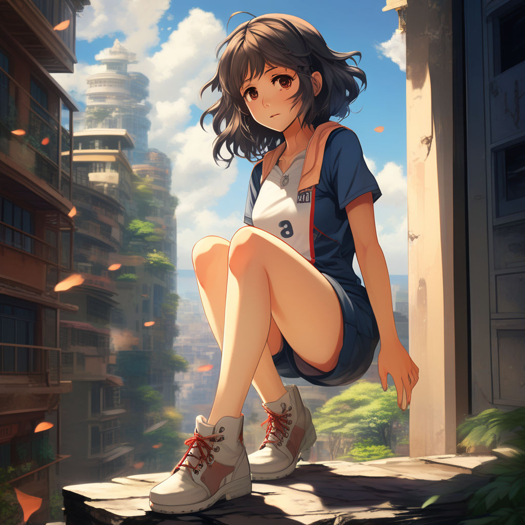 stepping over buildings. She is far away. Anime style. Cleavage. The clouds  are pink. - Playground