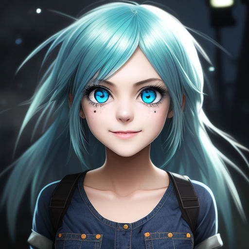 anime girl with blue hair and green eyes