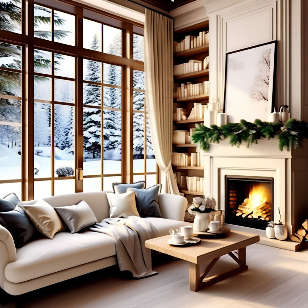 ai generating photo of Cozy living room with blue couch, fireplace, wood  beams, and large windows.