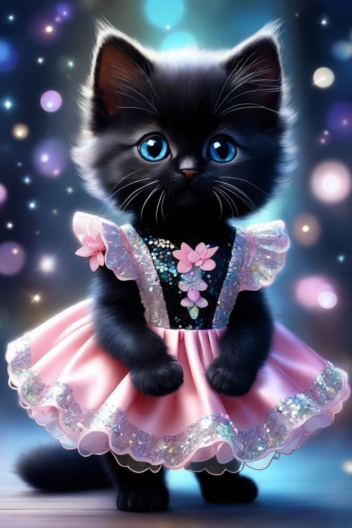 Black cat with sparkly purple dress smoking