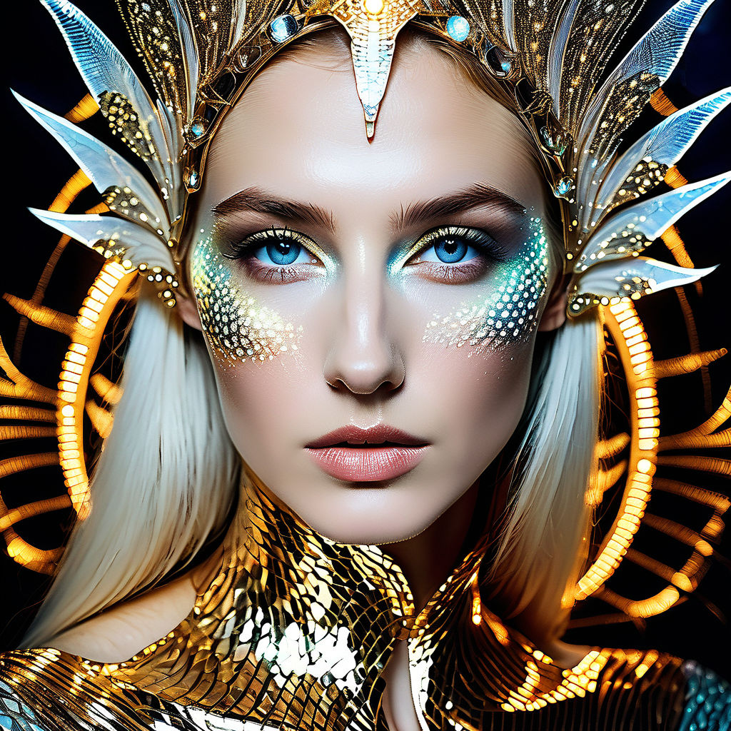 Portrait Closeup Beauty Fantasy Woman Face Gold Paint Golden Shiny