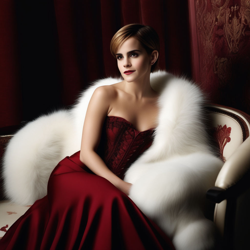 Prompt: emma watson, beautiful Emma Watson, on a sofa dressed in Dark red corset and white fur coat