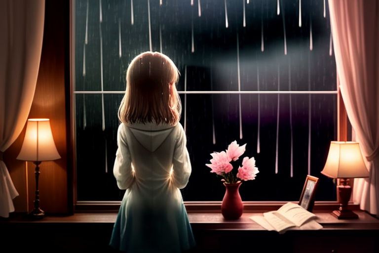 anime girl looking out the window drawing