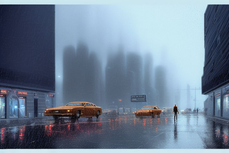 Prompt: retrofuturism style, rainy day, buildings, grey sky, people going to work, light,  