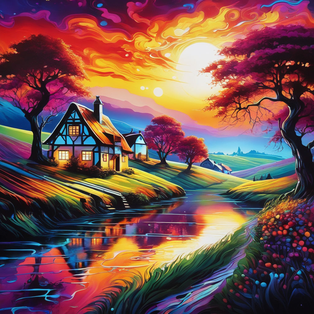 Sunset village nature drawing painting