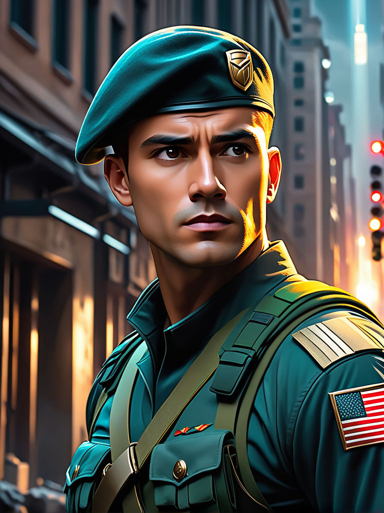 cinematic portrait of a handsome extremely muscular superhero soldier with  a buzzcut wearing a green beret - Playground