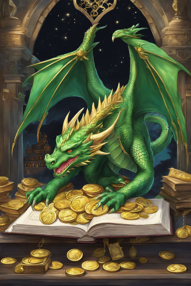 Green Dragon in the cave, the lord of dragons, has good platinum scales,  bright eyes, and is surrounded by dazzling gold and green lights.  generative ai Stock Illustration