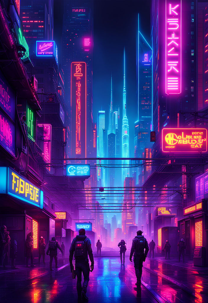 Neon cityscape wallpaper with purple and blue hues