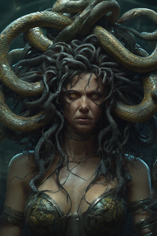 Medusa head with snakes instead of hair, hyper realistic, mystic