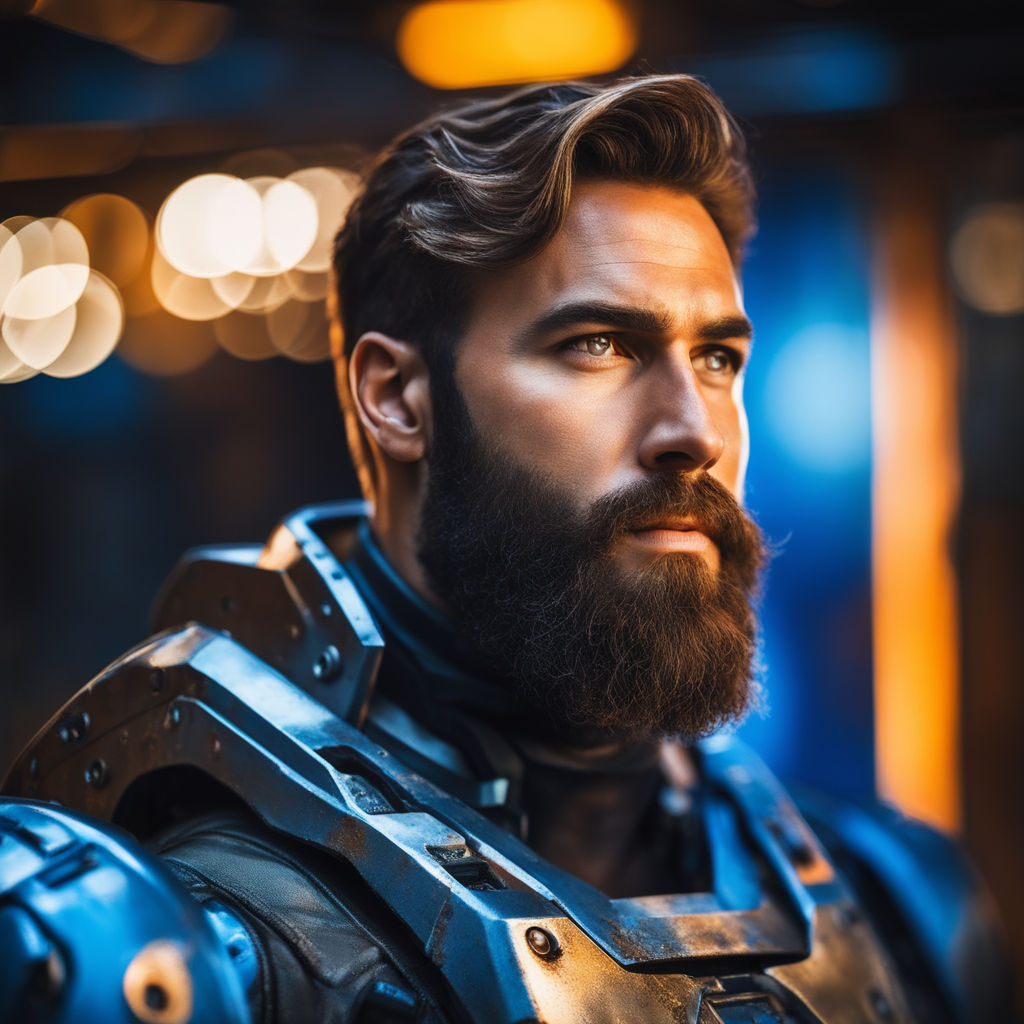 Man with dark medium hair cyberpunk mercenary streetwear muscular soldier  fighter tactical face portrait