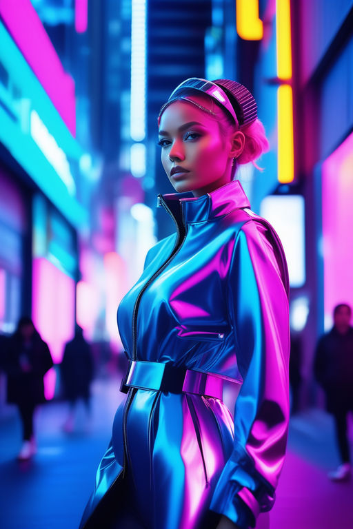 Futuristic fashion shoot with woman with space age female silver clothing,  created with Generative AI technology ilustración de Stock