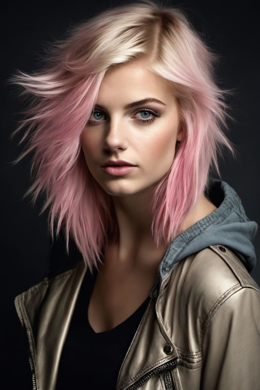 wavy red hair with messy pink highlights in a punk rock style