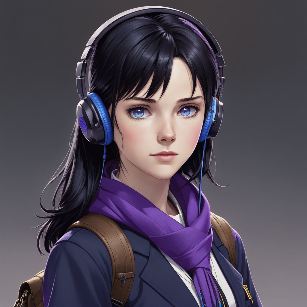 Cute anime girl with long messy black hair and blue-purple eyes on