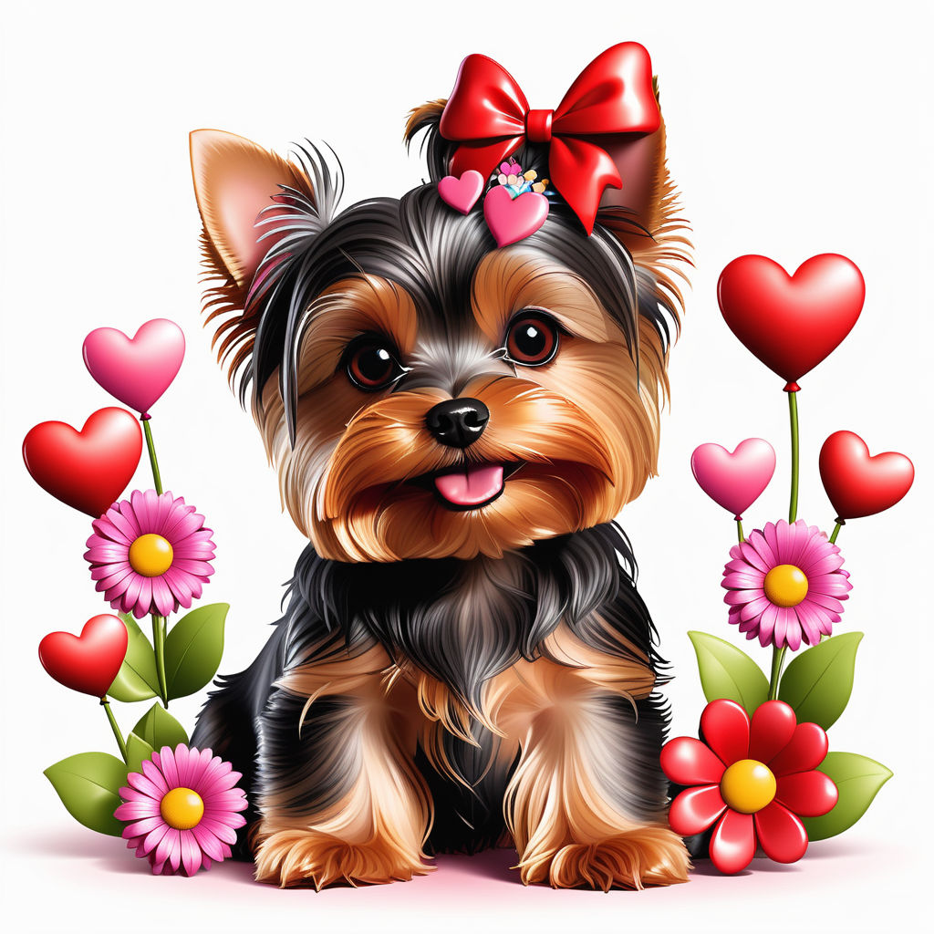 Prompt: 3d Valentine's day vector clipart with cute Yorkie dog, hearts, flowers, isolated in a white background, PNG image, vivid colors, perfect composition, transparent background, Theme: cute