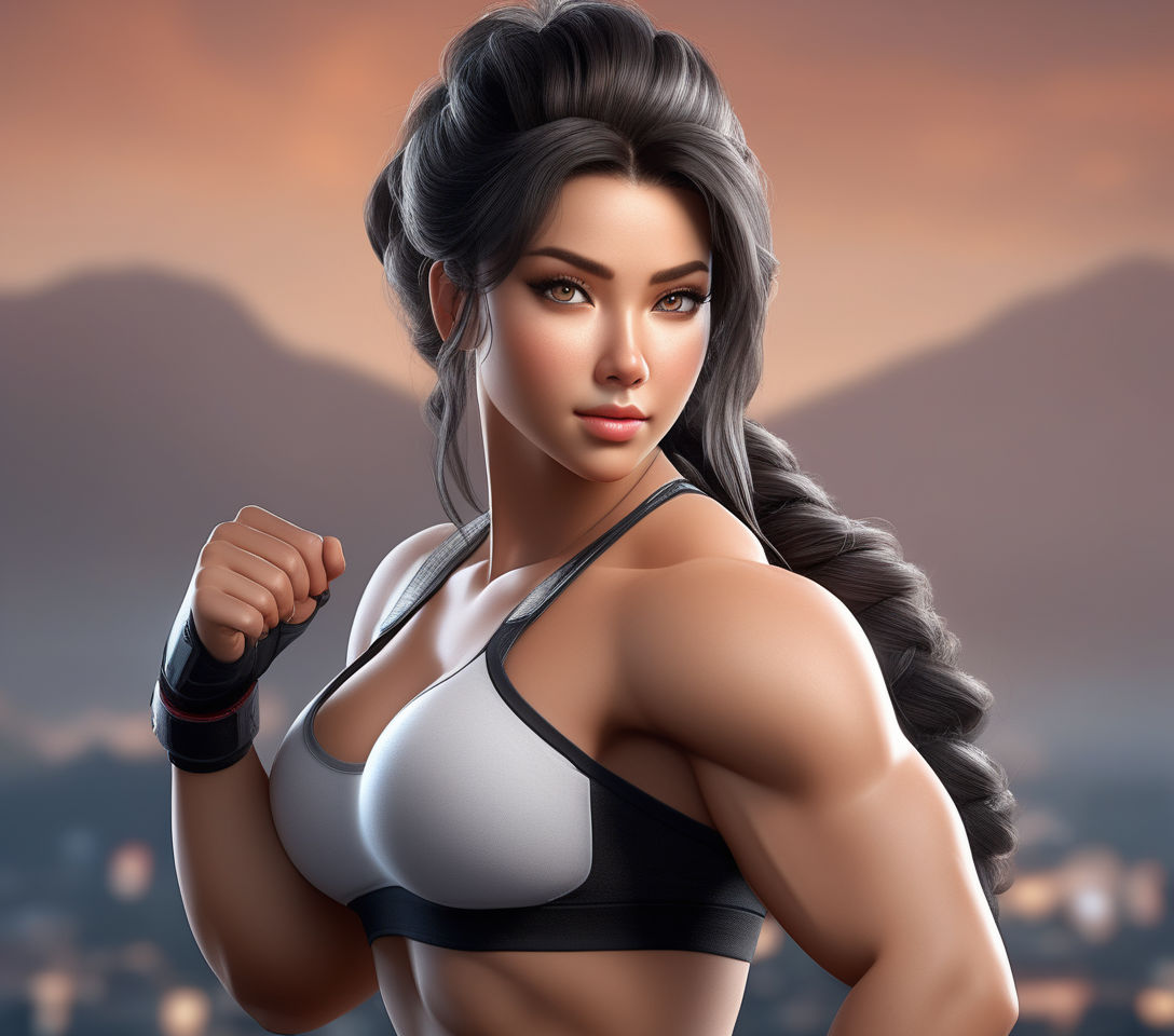 Muscular female villain bodybuilder flexing veins middle aged black hair  black bikini boxing gloves - Playground