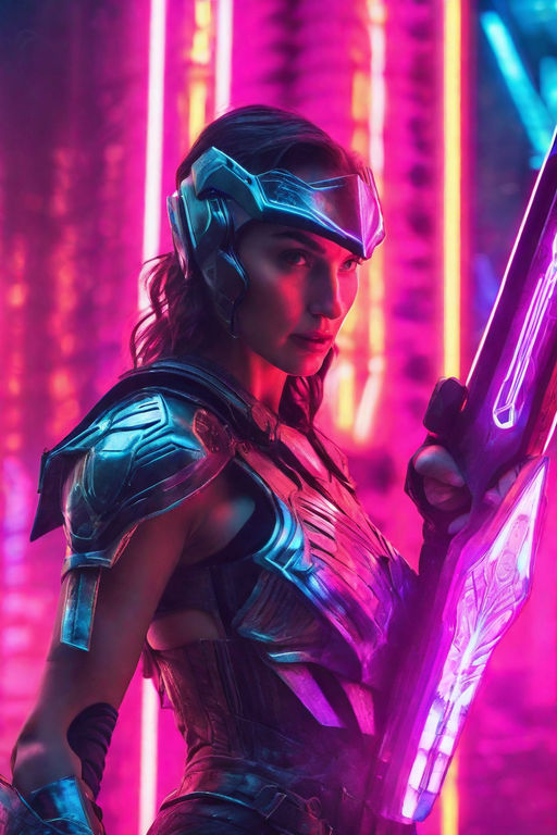 Prompt: gal gadot as cyberpunk gladiator, futuristic glowing armor, Holographic projection helmet, plasma sword, energy shield,  neon lit high contrast photo, futuristic matte painting, neon pastel tones, muted colours, ultra realistic, photo realistic, cinematic --ar 9:16