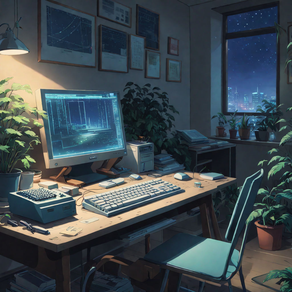 lofi Anime Girl is programming at a computer, cozy, dramatic lighting,  highly detailed, incredible quality, trending on artstation, masterpiece,  8k, woman working on laptop, wallpaper Stock Photo | Adobe Stock