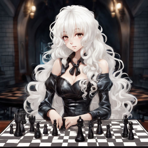 Epic chess anime scene with pale woman in checker pattern dress on Craiyon