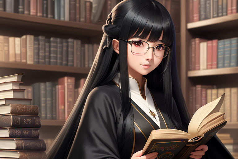 anime girl with black hair and glasses