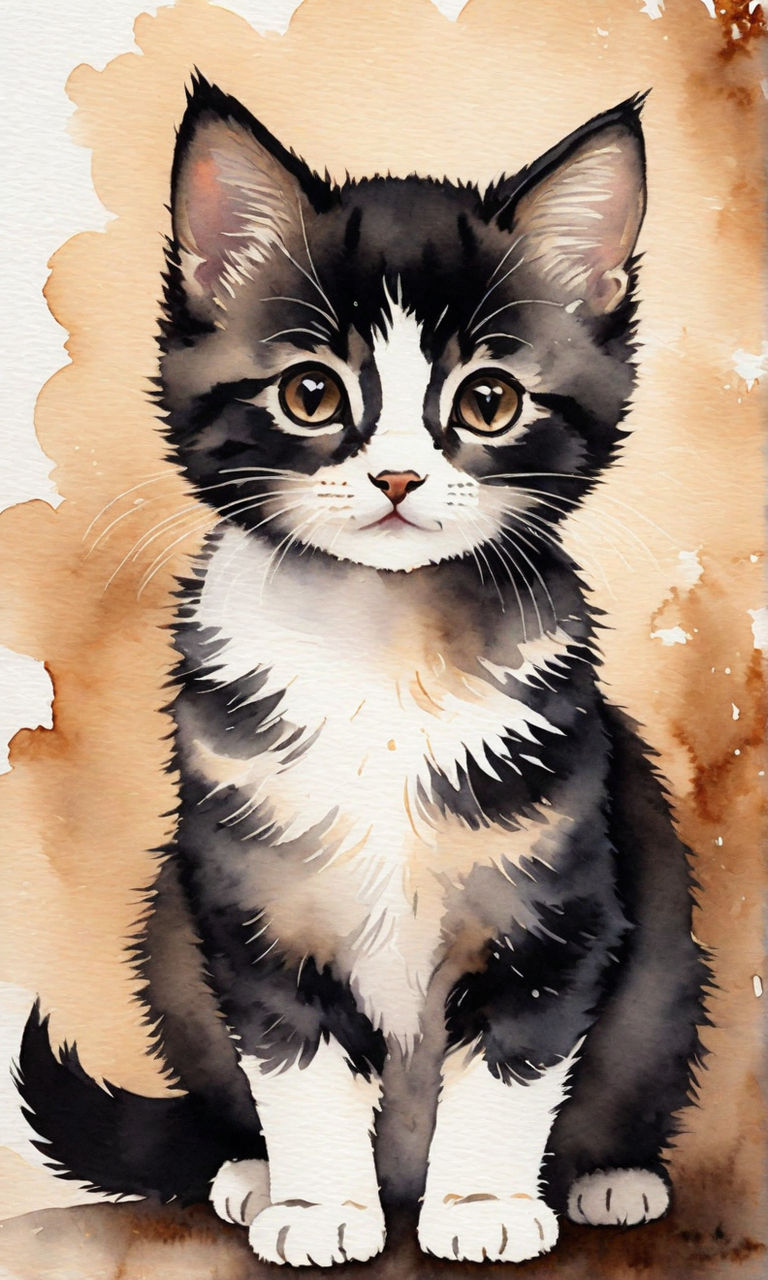 Cat 1. Fluffy Kitten. Black And White Watercolor Painting Stock