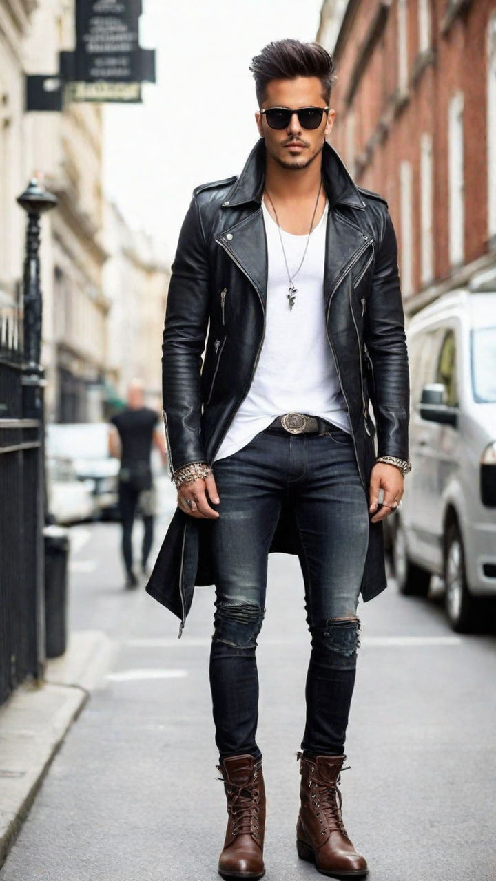 Hipster Man Wearing Black Style Leather Outfit with Hat, Pants