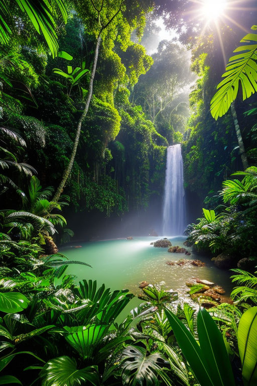 tropical rainforest waterfalls with animals