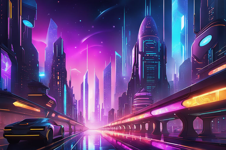 Sci-fi Fantasy City, Cyberpunk Buildings Illustration. Neon Colors