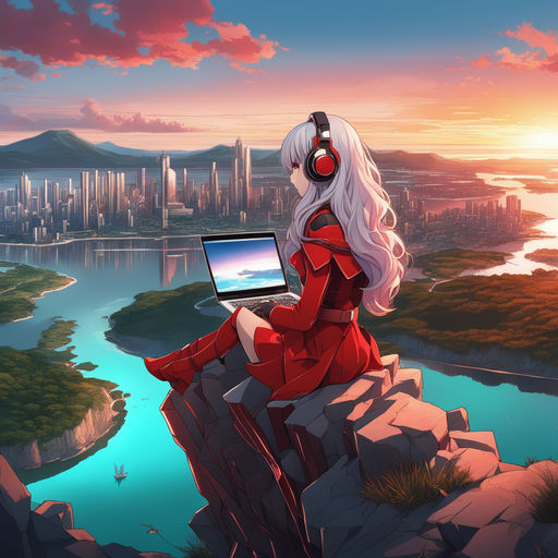 anime girl with red sky digital art ,type painting ,3d illustration , high  definition , wallpaper ilustração do Stock