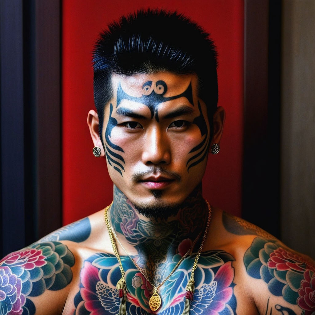 Premium Photo  Male model of a yakuza man with a tattoo on his face and  skull