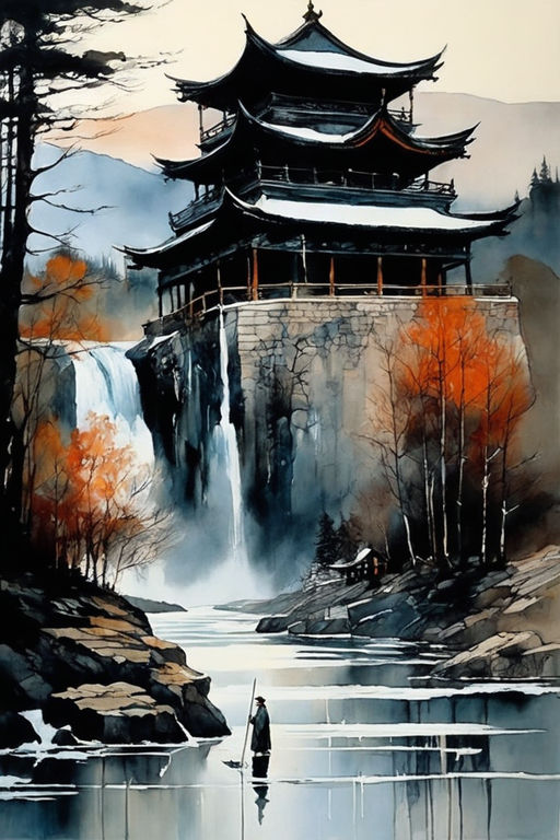 Watercolor Japanese landscape  Japanese ink painting, Japanese