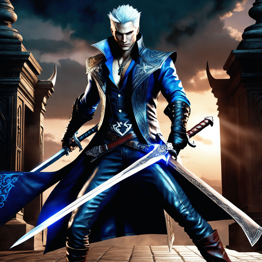 Portrait of vergil from devil may cry 5 with a haunting blue background