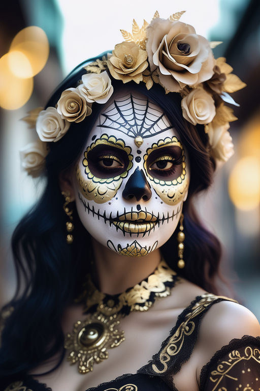 Day of The Dead Costume Mask Haute Couture Full Face Dia de Los Muertos Masquerade Mask Gold Black by