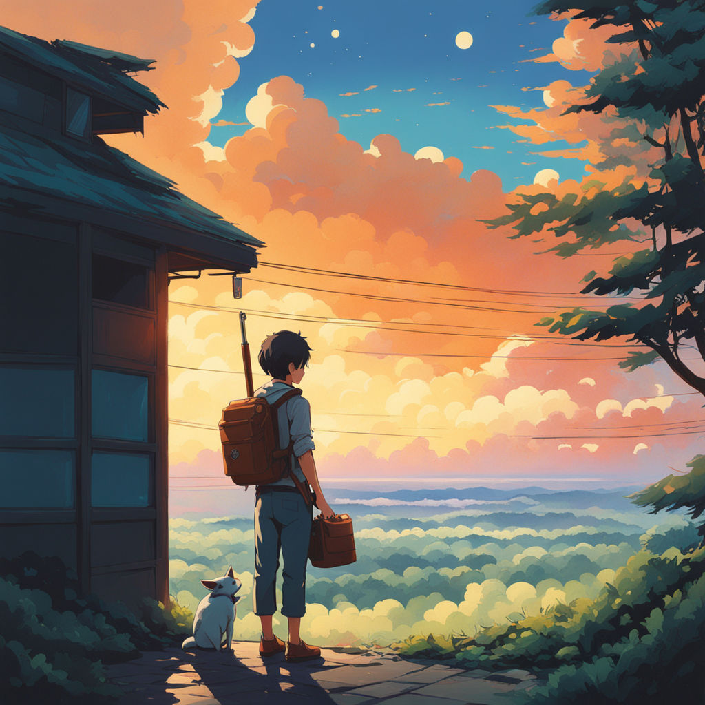 with a lavender and pink sky above. A gentle stream below reflects the  cat's silhouette. Render the scene in the detailed and emotive style of  anime artist Makoto Shinkai. - Playground